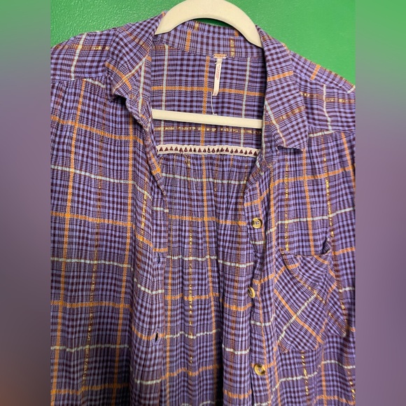 Free People Break My Stride Cotton Gauze Oversized Purple & Gold Button Down L - Picture 5 of 12